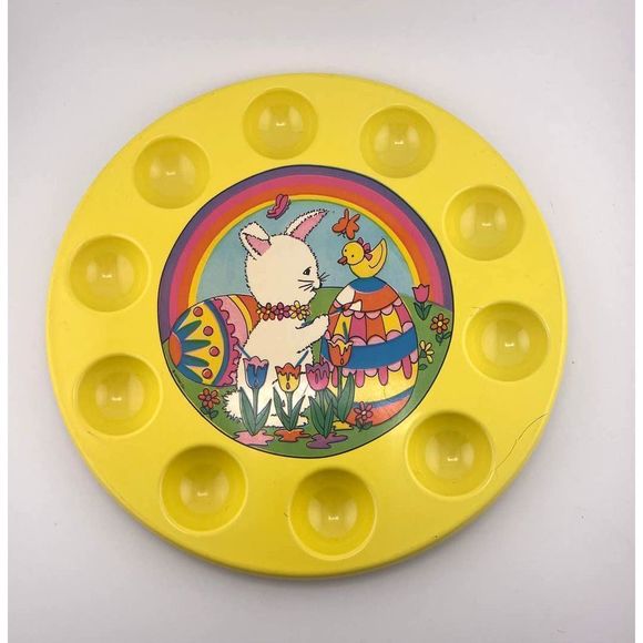 ullmanware Other - Vintage 1980s Yellow Multi Color Easter Egg Displayer Bunny Duck Tulips‎